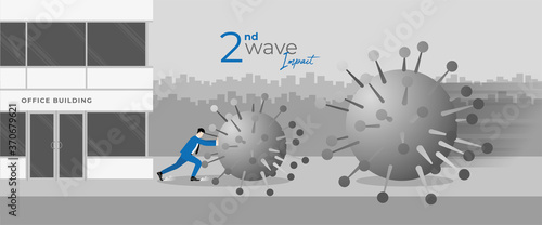 Second wave impact. Economic crisis of COVID-19 pandemic. Business owner fight against virus by push the giant coronavirus to stop it to destroy his business while the next bigger wave comes to clash.