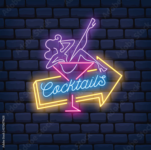 Sexy girl on cocktail glass in neon style vector illustration