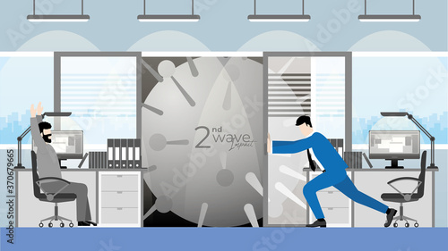 Second wave impact. Economic crisis of COVID-19 pandemic. Business owner fight against virus by close the door to protect the giant coronavirus to stop it to destroy his company and employee.