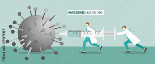 Medical concept. Two doctors inject vaccine to the virus by the big syringe.