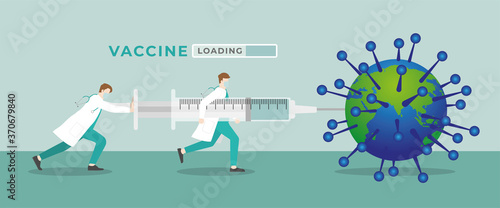 Medical concept. Two doctors inject vaccine to the earth that infect virus by the big syringe.