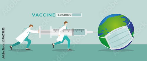 Medical concept. Two doctors inject vaccine to the earth that wears a mask and infect virus by the big syringe.