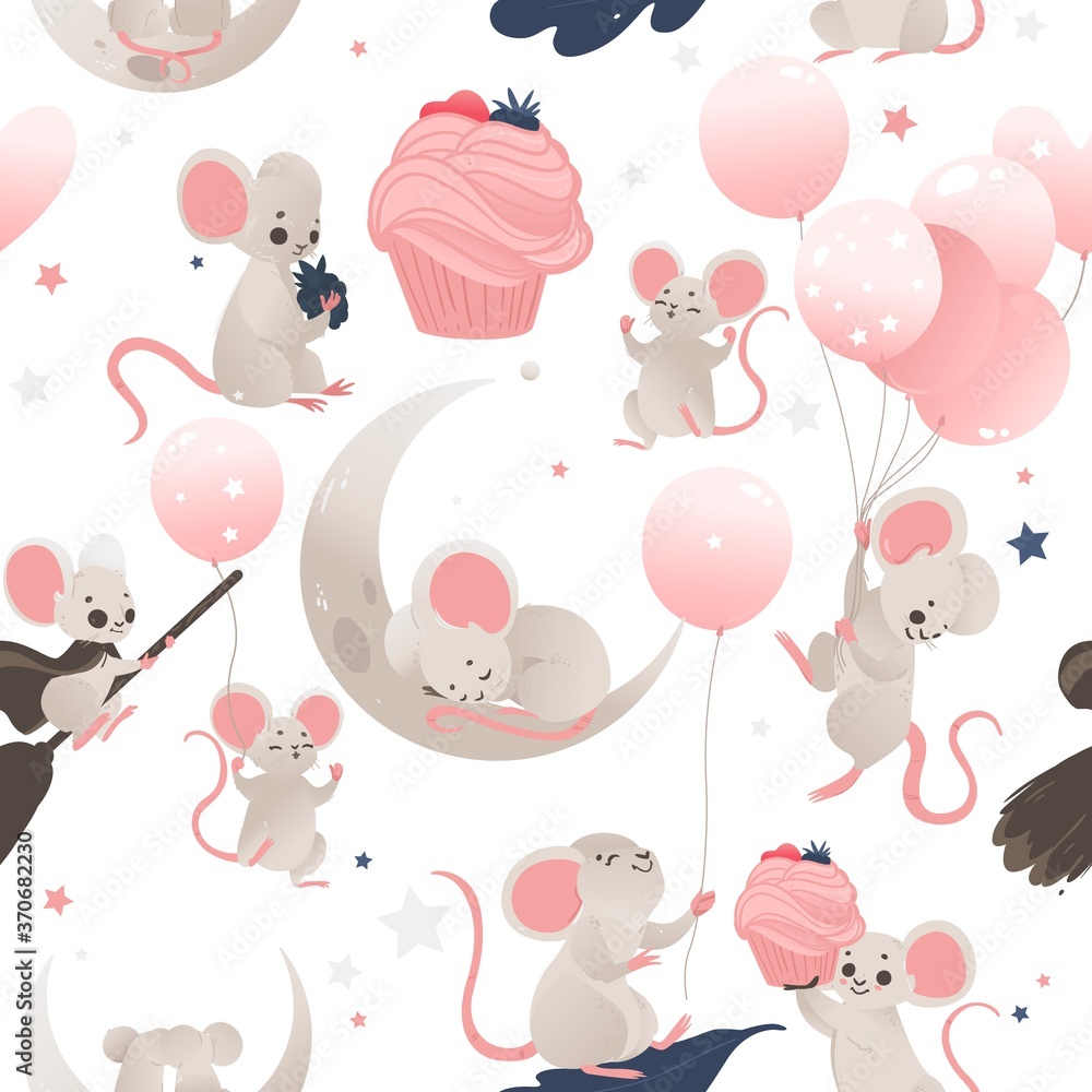 Seamless pattern with cute baby mouse and baloons, flat cartoon vector illustration. Seamless pattern with cute baby mouse and baloons, flat cartoon vector illustration.
