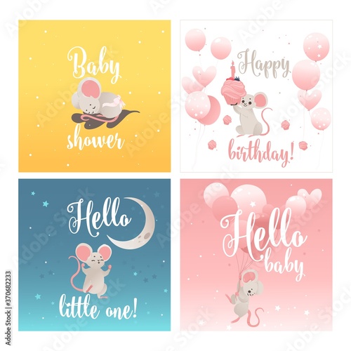 Baby shower cards set with cute funny mouse cartoon vector illustration.