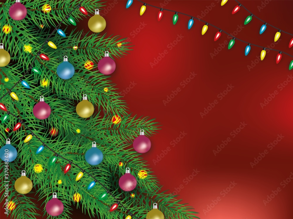 Realistic christmas poster and banner with decorated balls and garlands tree on a red background.