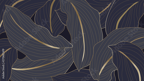 Luxury gold and nature green background vector. Floral pattern, Calathea lutea,Tropical foliage,Exotic tropical leaf, Calathea leaf  line arts, Vector illustration.