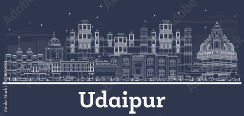 Outline Udaipur India City Skyline with White Buildings.