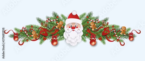 Christmas border and winter decoration for holiday with Santa Claus and gifts.