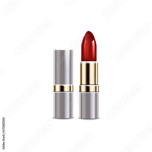 Red lipstick in a gray case, lip and makeup cosmetics
