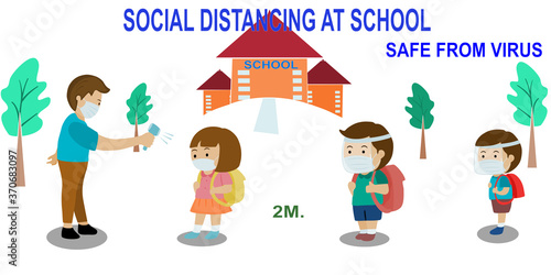 New normal back to school for students have to check temperature wearing mask and keep social distancing before go inside school .vector illustration 