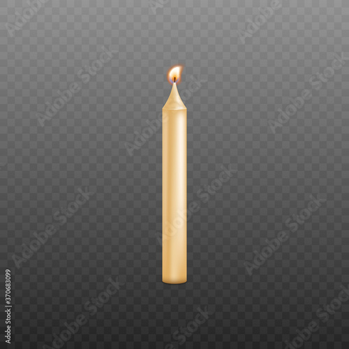 Realistic yellow wax candle burning isolated on dark background