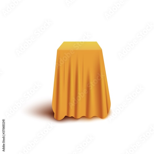 Yellow curtain cover hiding cube shape object isolated on white background
