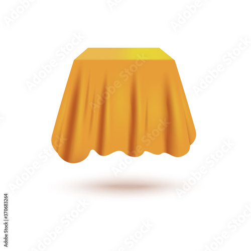 Silk curtain cover hiding cube shaped mystery object floating in air