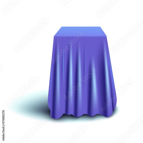 Blue curtain cover covering long cube object isolated on white background
