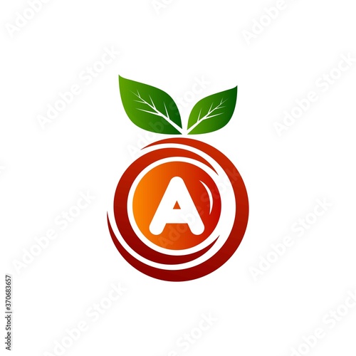 A letter fruit logo with green leaf and gradient. A Letter Orange logo design.A letter circle fruit logo design.Leaf and fruit logo with A letter