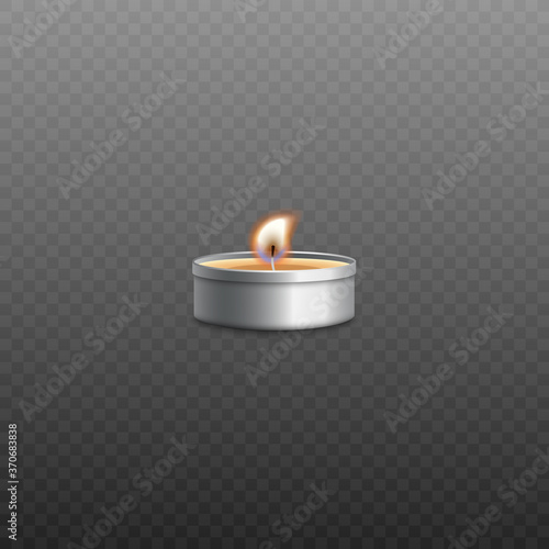 Realistic tealight candle with burning wick isolated on transparent background