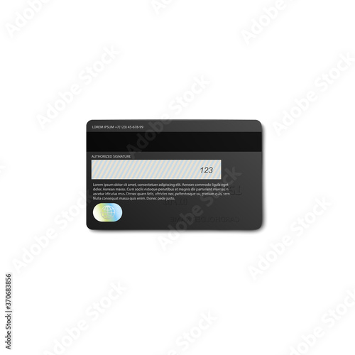 Back view of black credit or debit bank card with magnetic strip