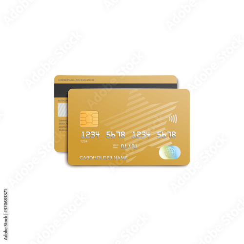 Front and back view of golden plastic bank card isolated on white background