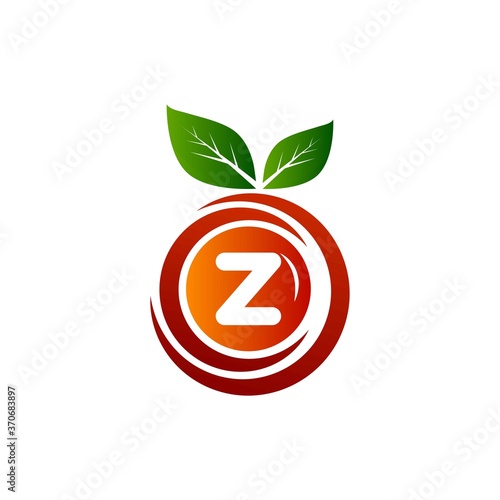 Z letter fruit logo with green leaf and gradient. Z Letter Orange logo design.Z letter circle fruit logo design.Leaf and fruit logo with z letter