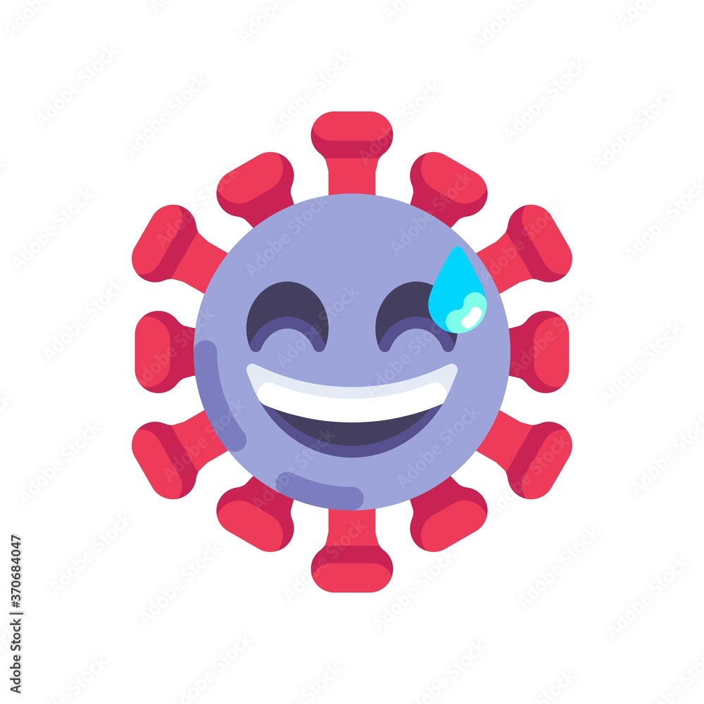 Smiling coronavirus emoticon flat icon, vector sign, virus grinning face with sweat colorful pictogram isolated on white. Symbol, logo illustration. Flat style design Smiling coronavirus emoticon flat icon, vector sign, virus grinning face with sweat colorful pictogram isolated on white. Symbol, logo illustration. Flat style design