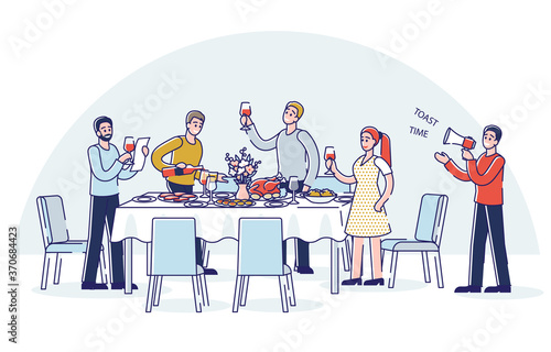 People toasting standing around holiday dinner table. Cartoon friends or colleagues celebrate