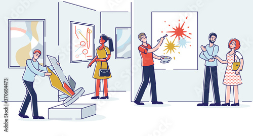 Exhibition visitors viewing modern abstract paintings and sculptures at contemporary art gallery