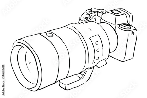 Mirrorless or Proffesional Digital Camera, Vector Outline Manual Draw Sketch
