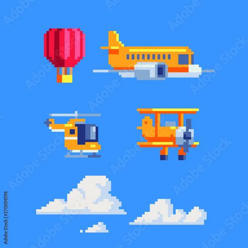 Vehicles aircraft. Air transport. Pixel art style icons. Airplane, helicopter and balloon. 8-bit. Game assets. Isolated abstract vector illustration.