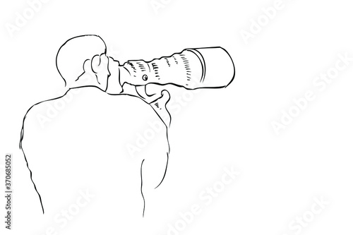 Man Photographer Take a Picture, using dlsr Camera , tele lens attatched, simple vector manual hand draw sketch, isolated on white
