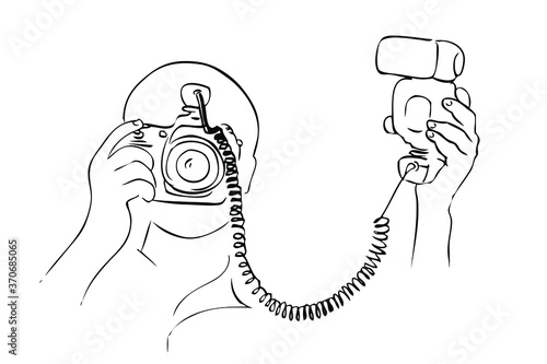 Man Photographer Take a Picture, using dlsr, with Flash Lamp, simple vector manual hand draw sketch, isolated on white
