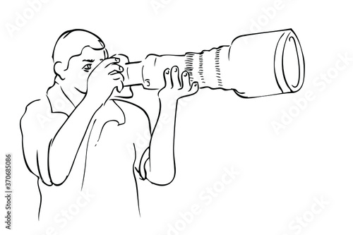 Man Photographer Take a Picture, using dlsr Camera , tele lens attatched, simple vector manual hand draw sketch, isolated on white
