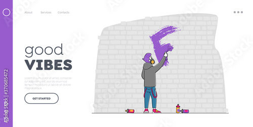Urban Art, Teen Lifestyle Landing Page Template. Street Artist in Respirator Painting Graffiti on Wall. Creative Hobby