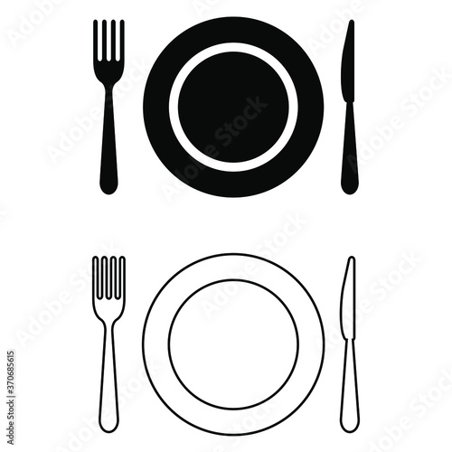 Plate, spoon and fork vector icon set. restaurant illustration sign collection. onboard food menu symbol.