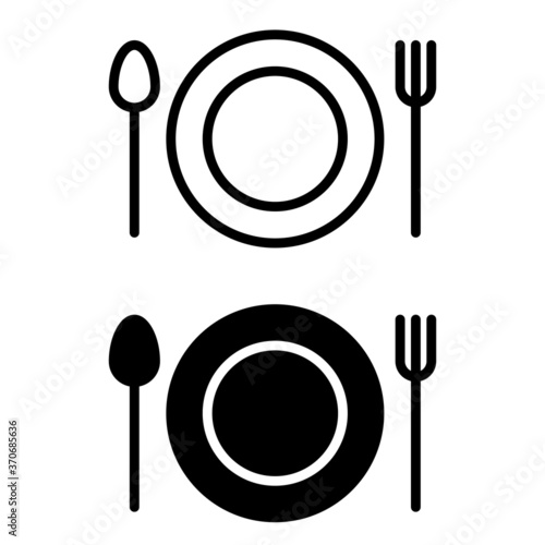 Plate, spoon and fork vector icon set. restaurant illustration sign collection. onboard food menu symbol.