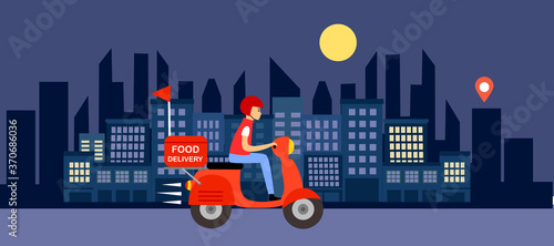Online food delivery service vector illustration. Delivery boy riding red motorbike with cityscape on background at night time. Fast food delivery panorama design.