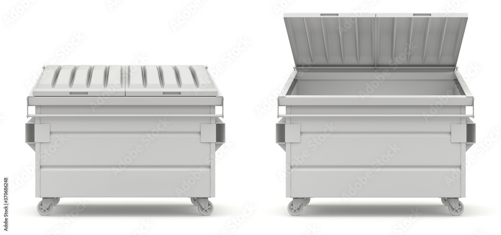 Clay render of open and closed green dumpster - 3D illustration Clay render of open and closed green dumpster - 3D illustration