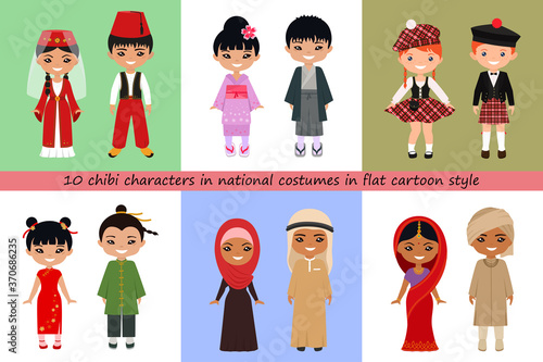 Set of cute chibi characters in national costumes