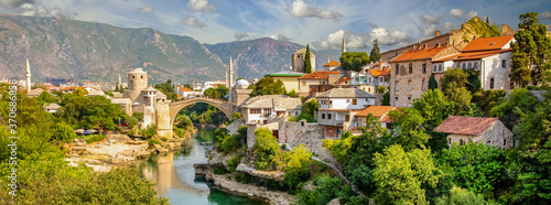 Panorama Mostar bridge in Bosnia and Herzegovina. Colorful landscape