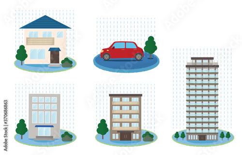 大雨の被害に遭う住宅・自動車のベクターイラスト