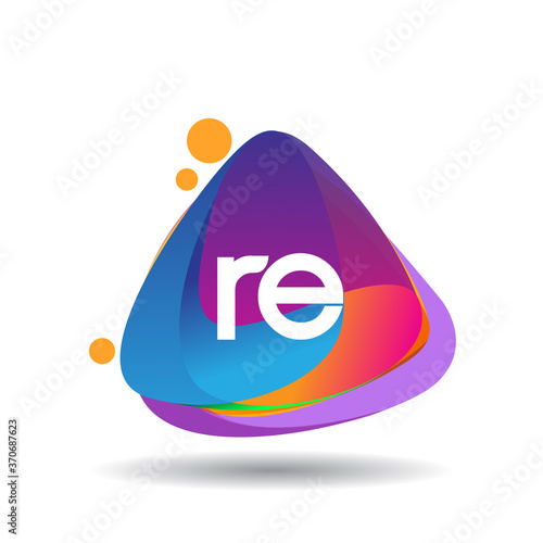 Letter RE logo with colorful splash background, letter combination logo design for creative industry, web, business and company.