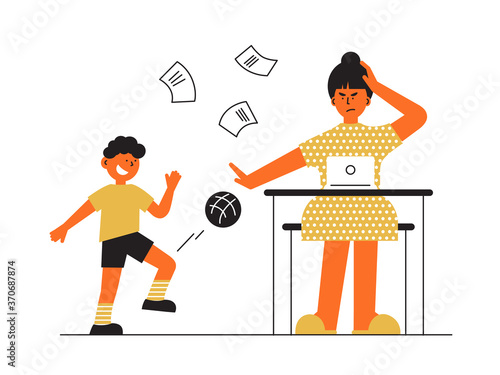 Frustrated parent concept. Tired woman trying work at home using laptop. Little boy soccer player kicks ball, disturbs mother in working place. Busy freelancer mom. Child and job. Vector illustration
