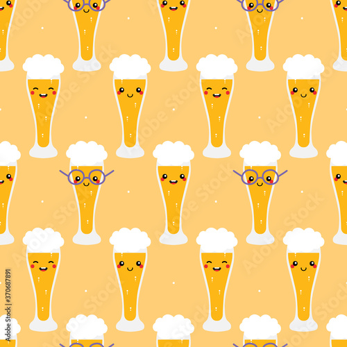 Vector seamless pattern background with cute glasses of craft beer characters and dots.