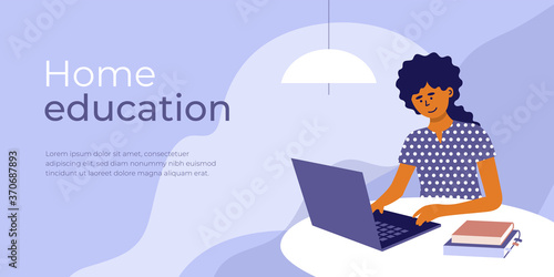 Online education from home. E-learning concept. Young woman sitting behind table studying using laptop and books. Student girl learns remotely. Design template for banner layout. Vector illustration