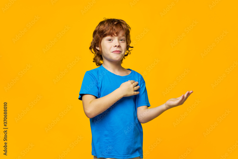 boy red hair blue t-shirt yellow isolated background freckles and gesticulate a pretty face boy red hair blue t-shirt yellow isolated background freckles and gesticulate a pretty face
