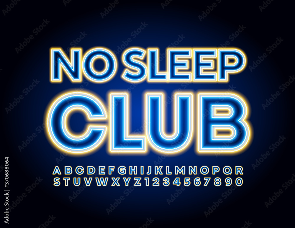 Obraz premium Vector neon logo No Sleep Club. Bright glowing Font. Electric party Alphabet Letters and Numbers