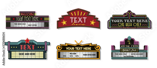 Retro Cinema Theater Signboards Templates 1920s Style Neon Signboards