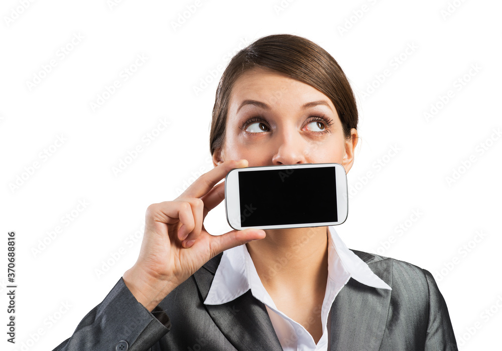 Woman covering her mouth with smartphone Woman covering her mouth with smartphone