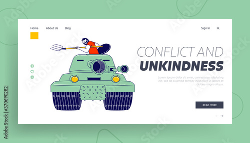 Drivers Conflict, Road War Landing Page Template. Man Sitting in Military Tank Armored with Pitchfork. Accident on Road