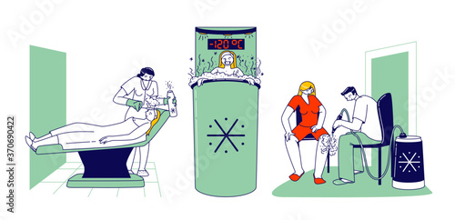 Female Characters Visit Cryotherapy Procedure for Skincare Treatment. Women Applying Face and Leg Cryo Physiotherapy