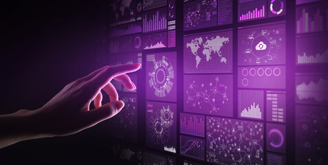 Applications icons on virtual screen, technology, development background concept.